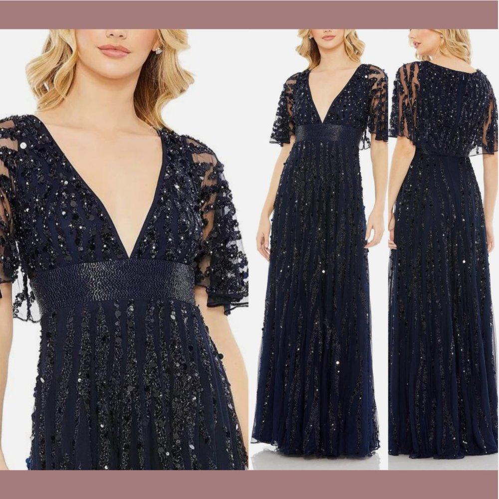 NWT $798 Mac Duggal [ 10 ] Embellished Vneck‎ Cape Column Gown Midnight Blue